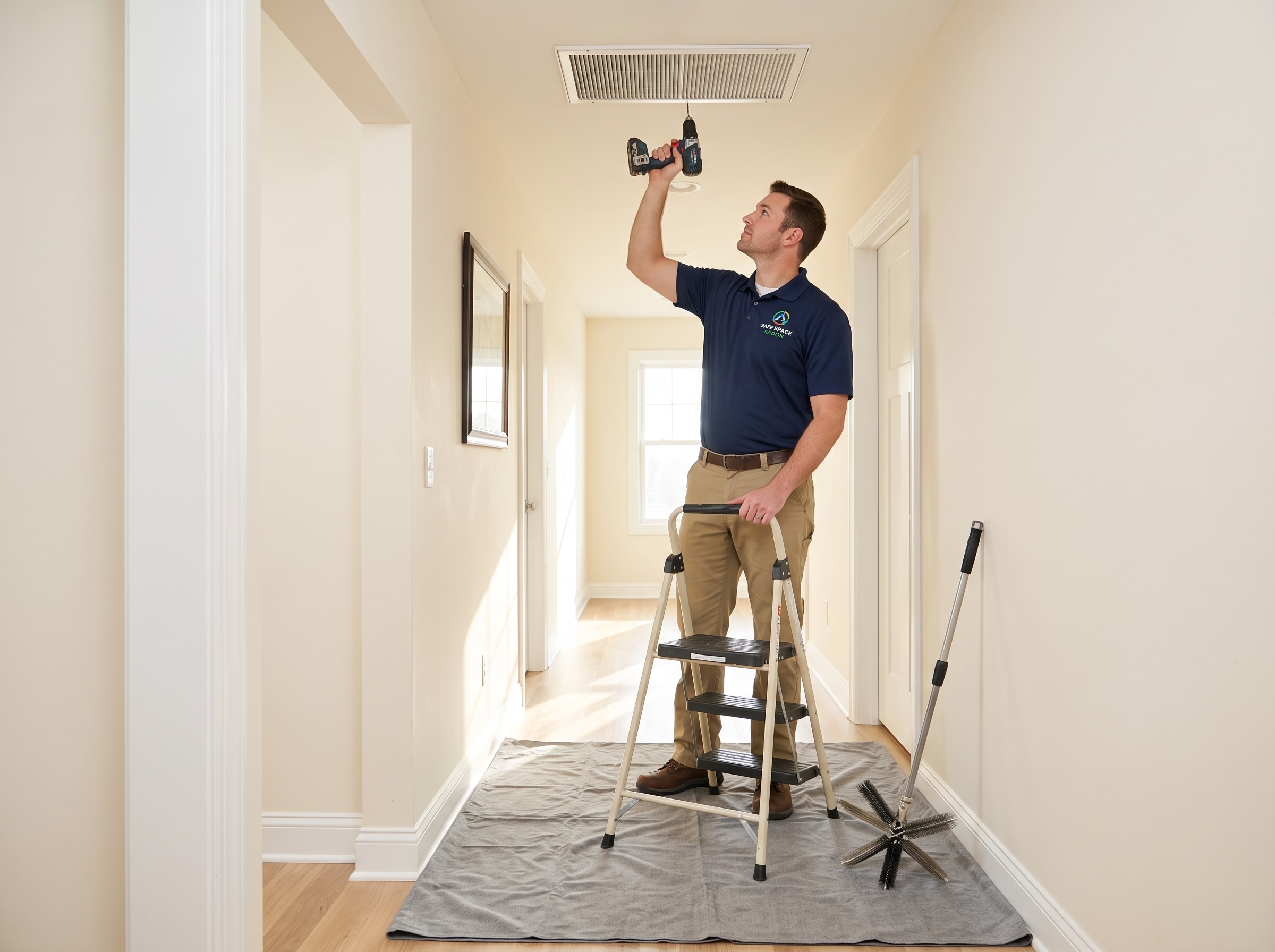 Technician removing and cleaning a supply air register during a residential air duct cleaning