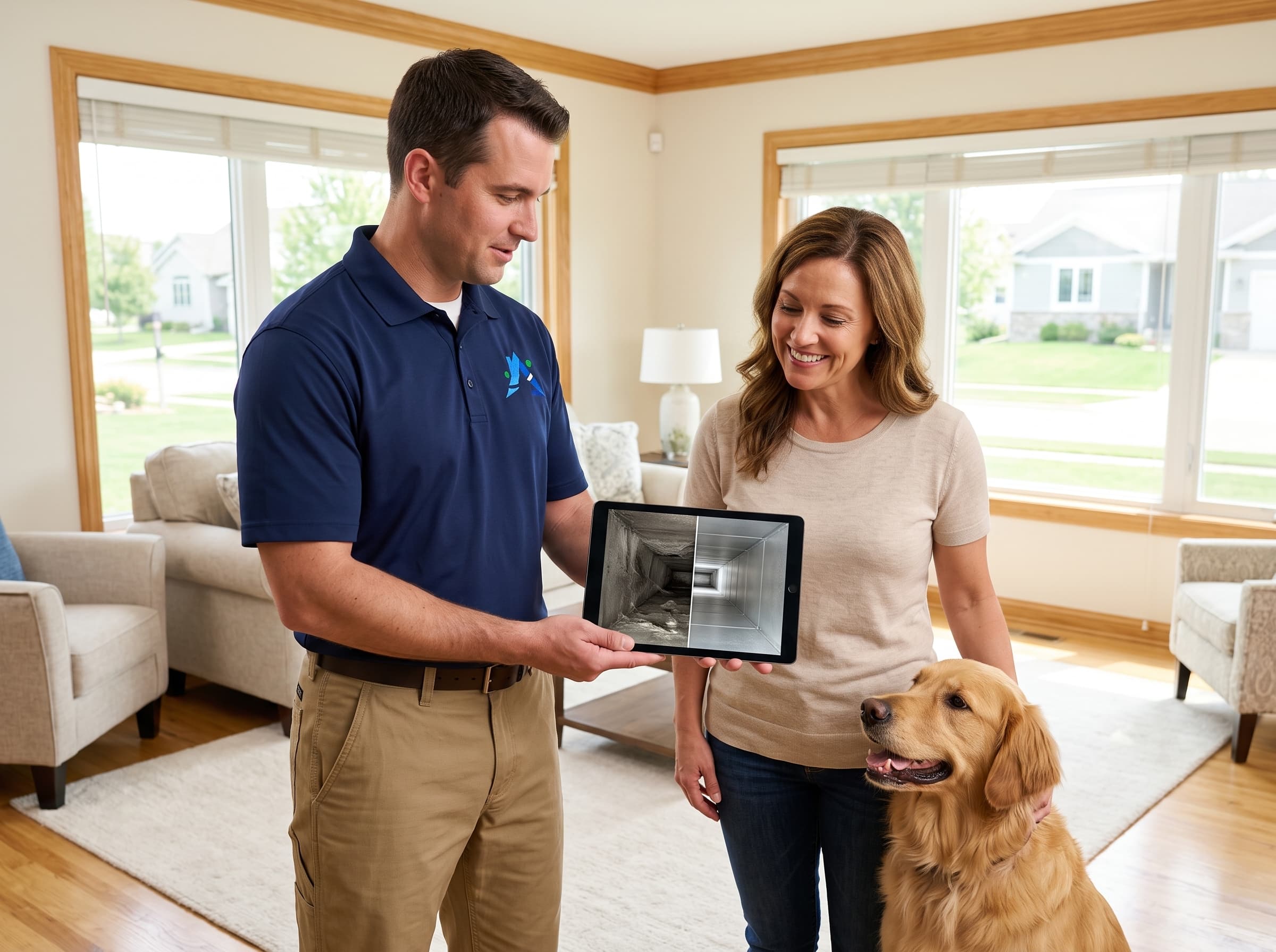 Technician showing a homeowner before and after photos of the inside of her air ducts on a tablet