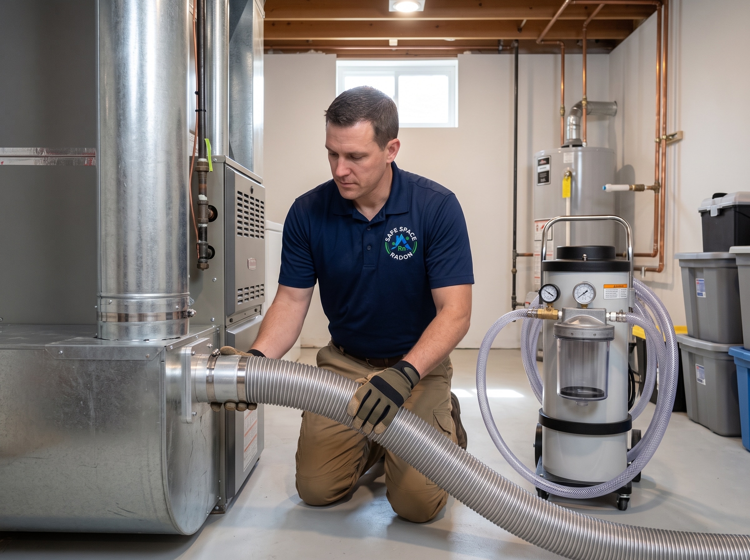 Professional duct cleaning technician connecting a negative pressure vacuum hose to a home HVAC trunk line