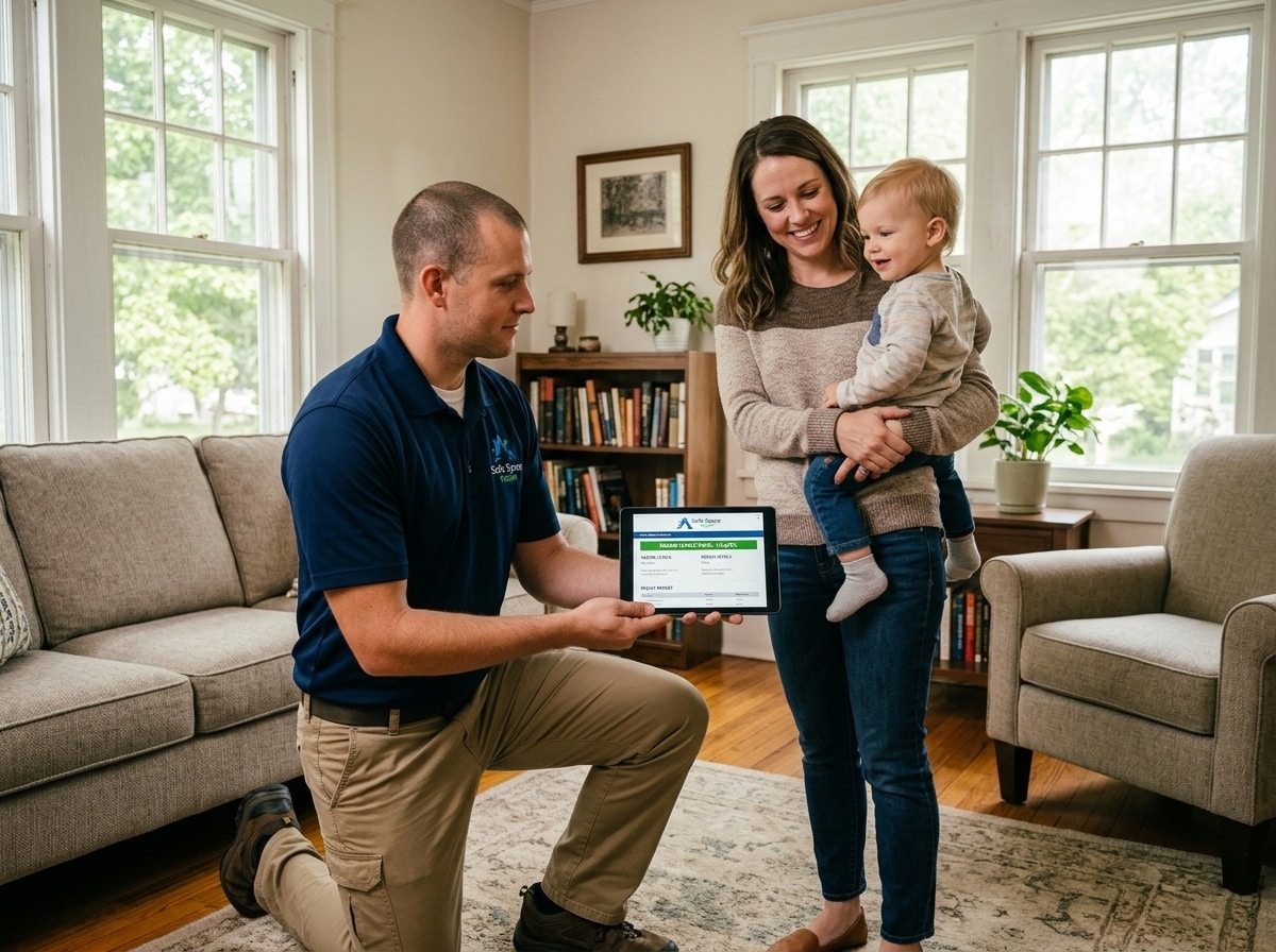 Assessor reviewing a written lead risk assessment report with a young Cleveland family in their living room