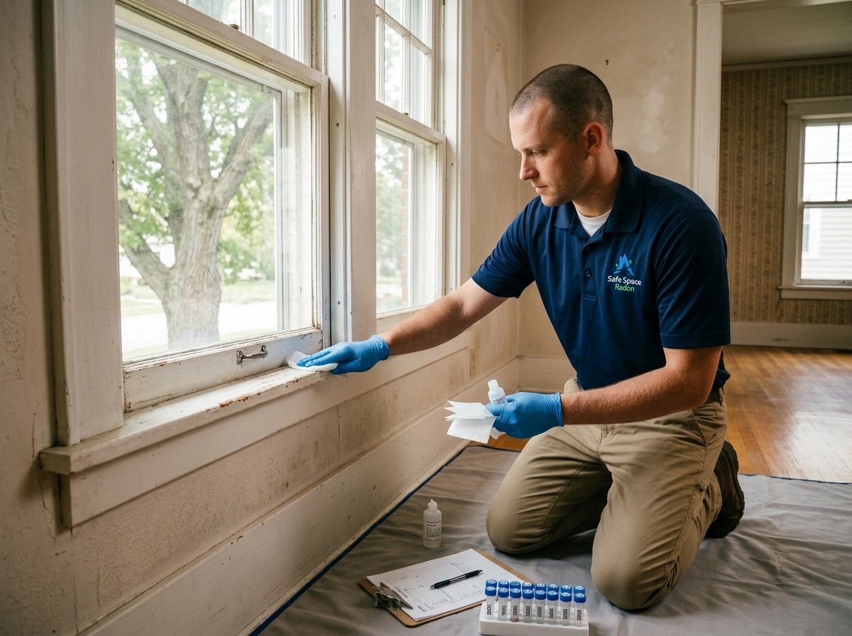 Lead risk assessor collecting a dust wipe sample from a window sill for accredited lab analysis