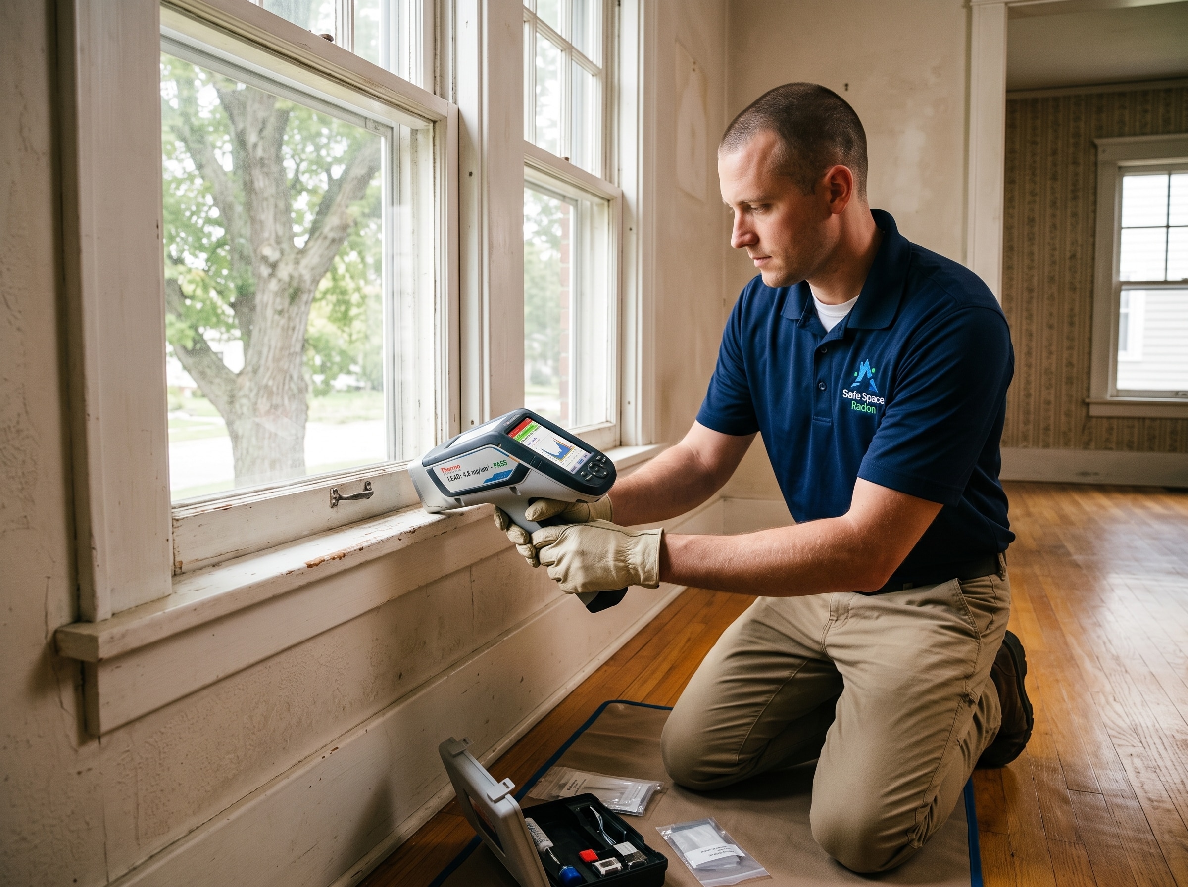 Technician using a handheld XRF analyzer to test for lead based paint on a white painted window frame